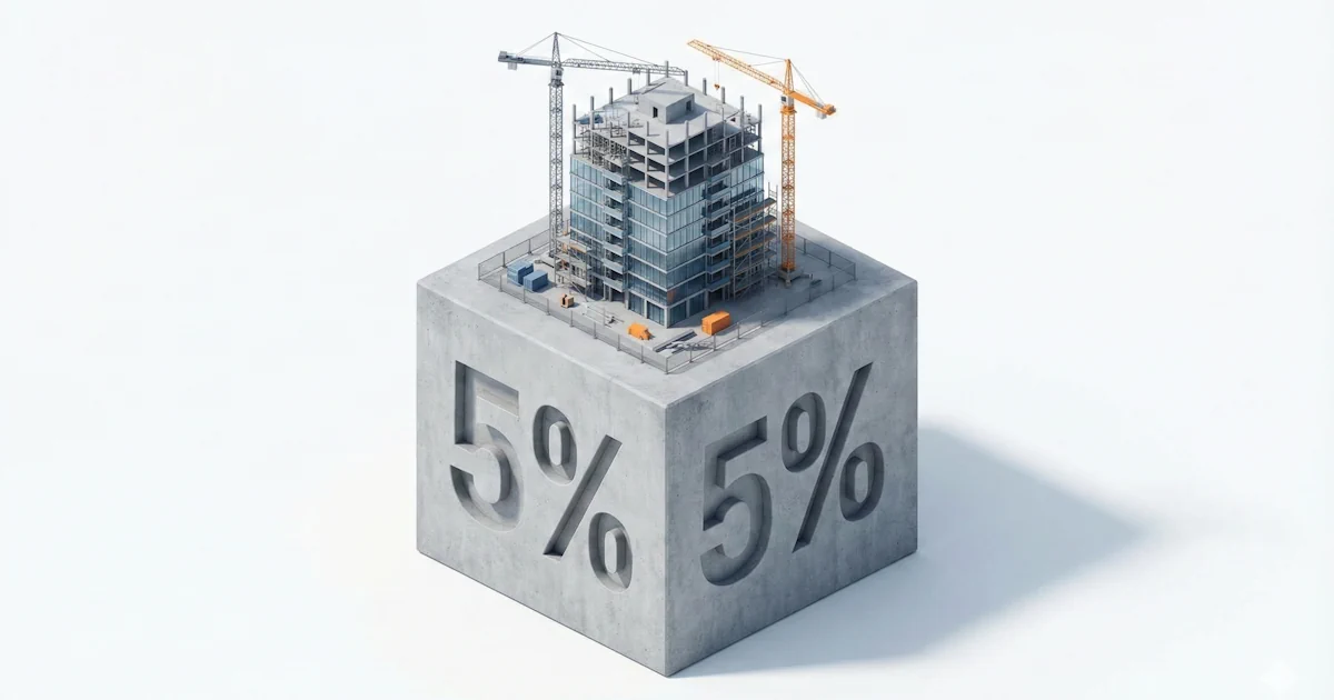 O cărămidă pe care scrie clar „5%”, restul clădirii fiind reprezentat schematic